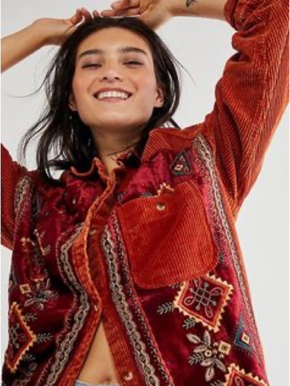 Free People Beaded Corduroy Shacket in burnt orange Bohemian velvet beaded